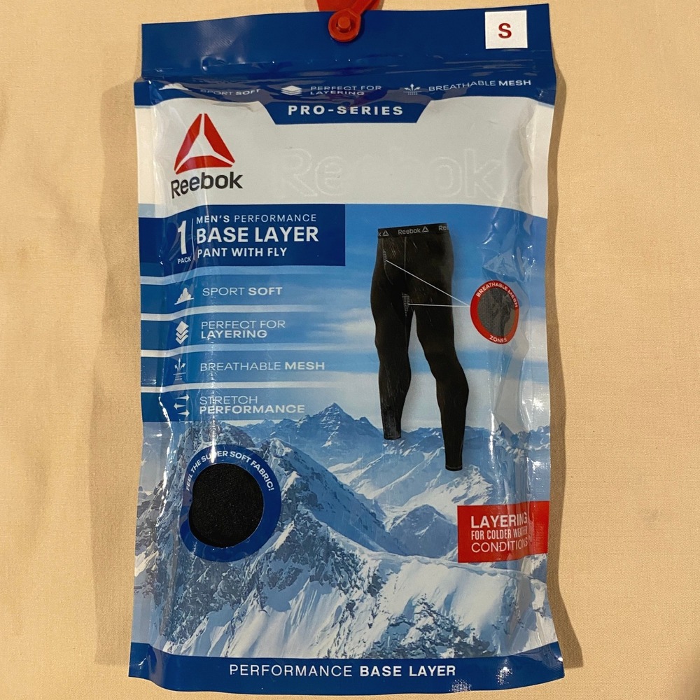 Reebok Men Base Layer Pants Small Black Cold‎ Weather Winter Jogging Sport New